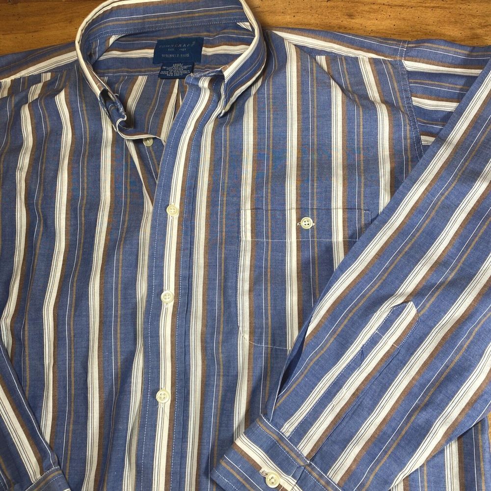 Towncraft Wrinkle Free‎ Men's L Blue White Gold Stripped Long Sleeve Dress Shirt